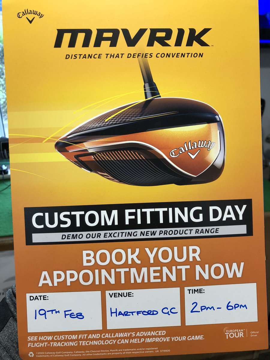 HartfordGolfC's tweet photo. Donโt miss out on our @CallawayGolfEU #MAVRIK fitting day coming up soon. Free custom fitting sessions available with the expert @TomGradCG on the 2020 Callaway range, witness what #AIDesigned technology can do to your game!! #MAVRIKThinking โณ๏ธ https://t.co/EjUqocoiNt
