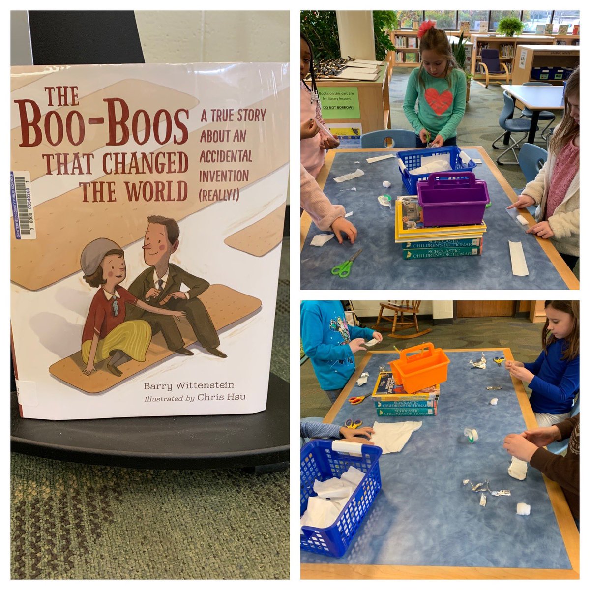 CurtisESLibrary's tweet image. We read about the invention of band aids, and students had to create their own using only 3 items.