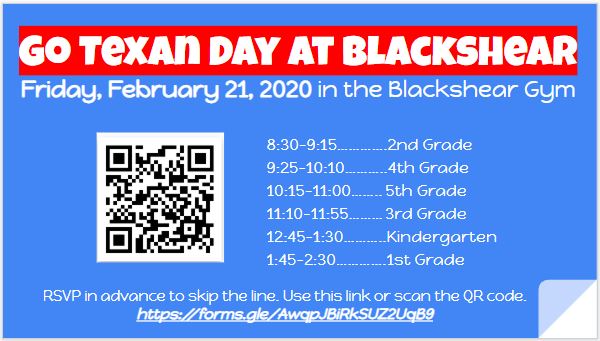 PE_Blackshear's tweet photo. Go Texan Day @BlackshearKISD is Friday, February 21, 2020. Here is the schedule. Use this link to RSVP in advance. https://t.co/uPU3PH1SSm https://t.co/Mtq7UfZzYm