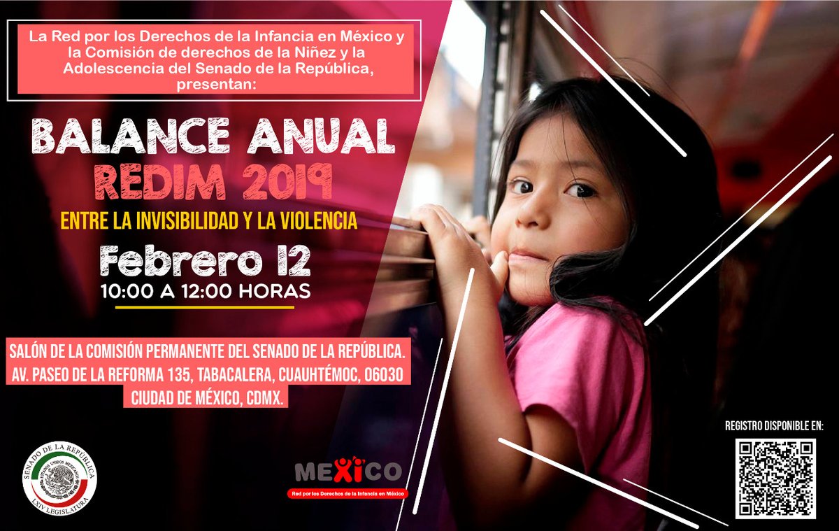 senadomexicano's tweet photo. La Comisión de Derechos de la Niñez y de la Adolescencia y @derechoinfancia te invitan a la presentación del "Balance anual: REDIM 2019. Entre la invisibilidad y la violencia”.
🗓 12 de febrero.
⌚ 10 a 12 horas.
📍 Salón de la Comisión Permanente, Senado de la República. https://t.co/sQp3J2scTB