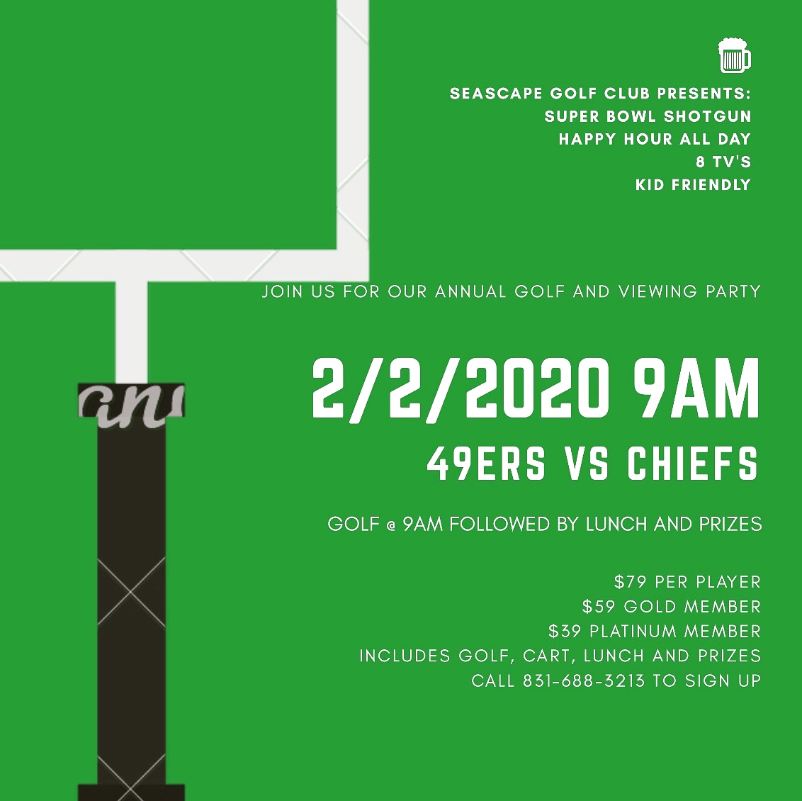 Golf⛳, lunch🥨, FOOTBALL🏈 and happy hour🍸 ALL DAY!! Join us on Sunday for the big game 🍻