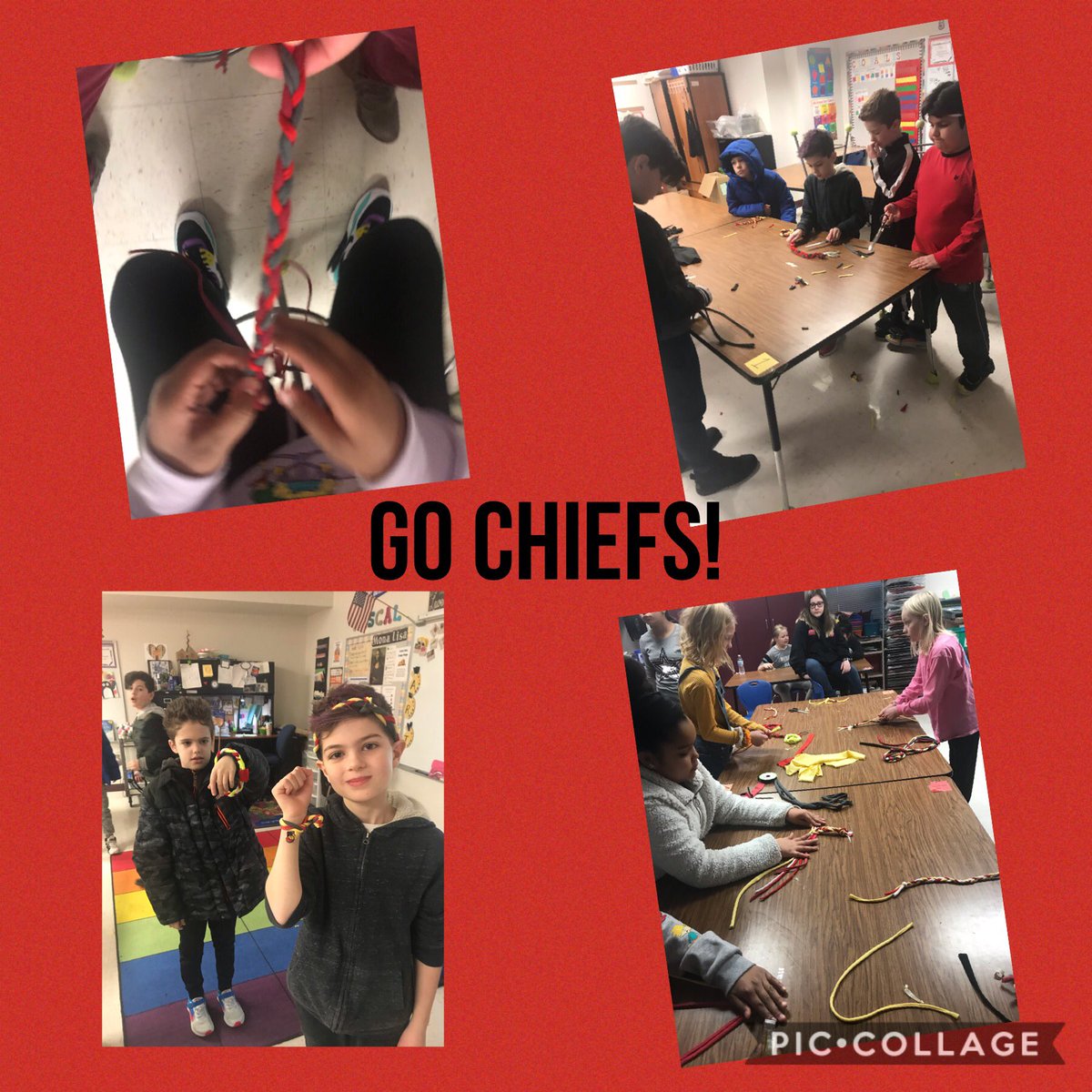 Yay!  Art Club is back! <a href="/MascalsR/">KatieMascal</a> had the brilliant idea to make Chiefs bracelets and headbands. Such fun! #ChiefsKingdom