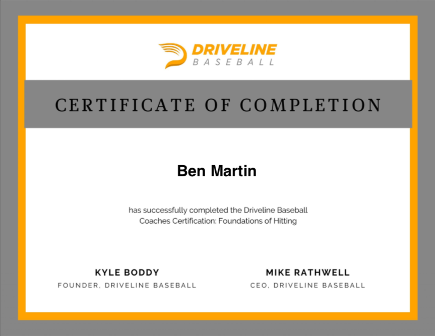 Foundations of Hitting Certification ✅

Shout out to <a href="/DrivelineBB/">Driveline Baseball</a>, <a href="/JasonOchart/">Jason Ochart</a>, <a href="/MaxDutto_/">Max Dutto</a> and everyone involved in creating the course for delivering a top quality product as always.
