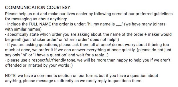Hello~ This account will be open for dms from anyone who has any questions about orders and it will help us answer them faster and in more detail! Please read the guidelines below before messaging to make things easier for all of us! Thank you ♥️ - Sam &amp; Janiece