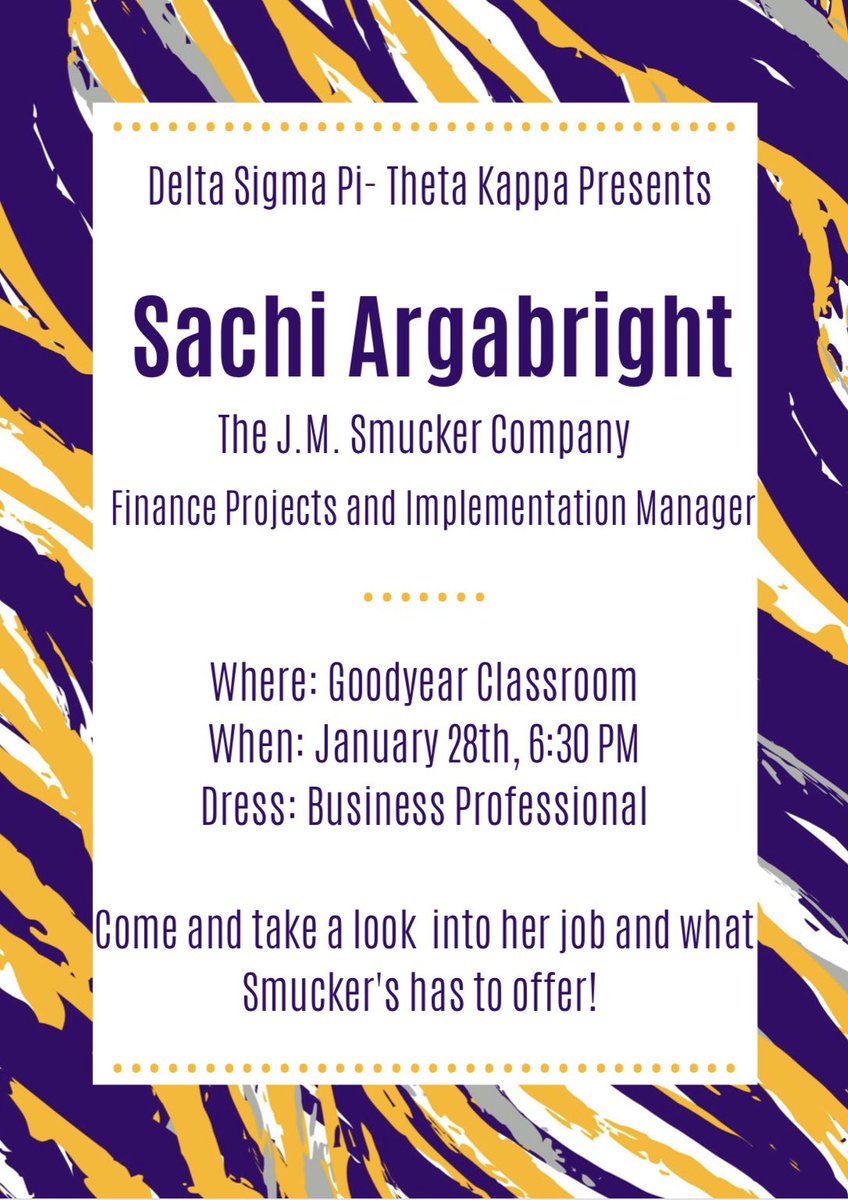 DeltaSigmaPi_UA's tweet photo. Come join us tomorrow night as we hear from our guest speaker, Sachi Argabright!

She’s a manager from Smucker’s talking to us about what all they have to offer!

You’ll hear from her and get a chance to meet the brothers from our chapter!

Don’t miss out! https://t.co/f4XC6EPw1x