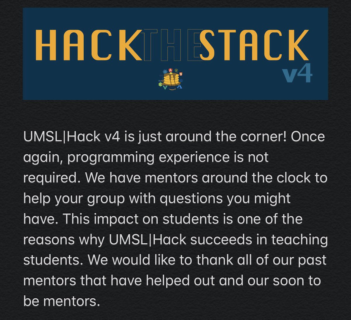 If you would like to be a mentor go to umslhack.io and click the Mentor button!  

Don't forget UMSL|Hack is February 21st spots are almost filled. Go register at umslhack.io  

#hackthestack #umslhack #umsl