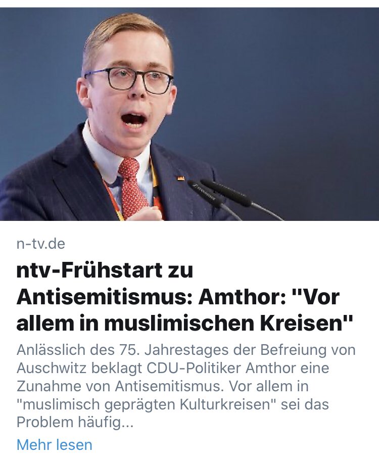 Screenshot Schlagzeile ntv.de: ntv-Frühstart zu Antisemitismus: Amthor: „Vor allem in muslimischen Kreisen“