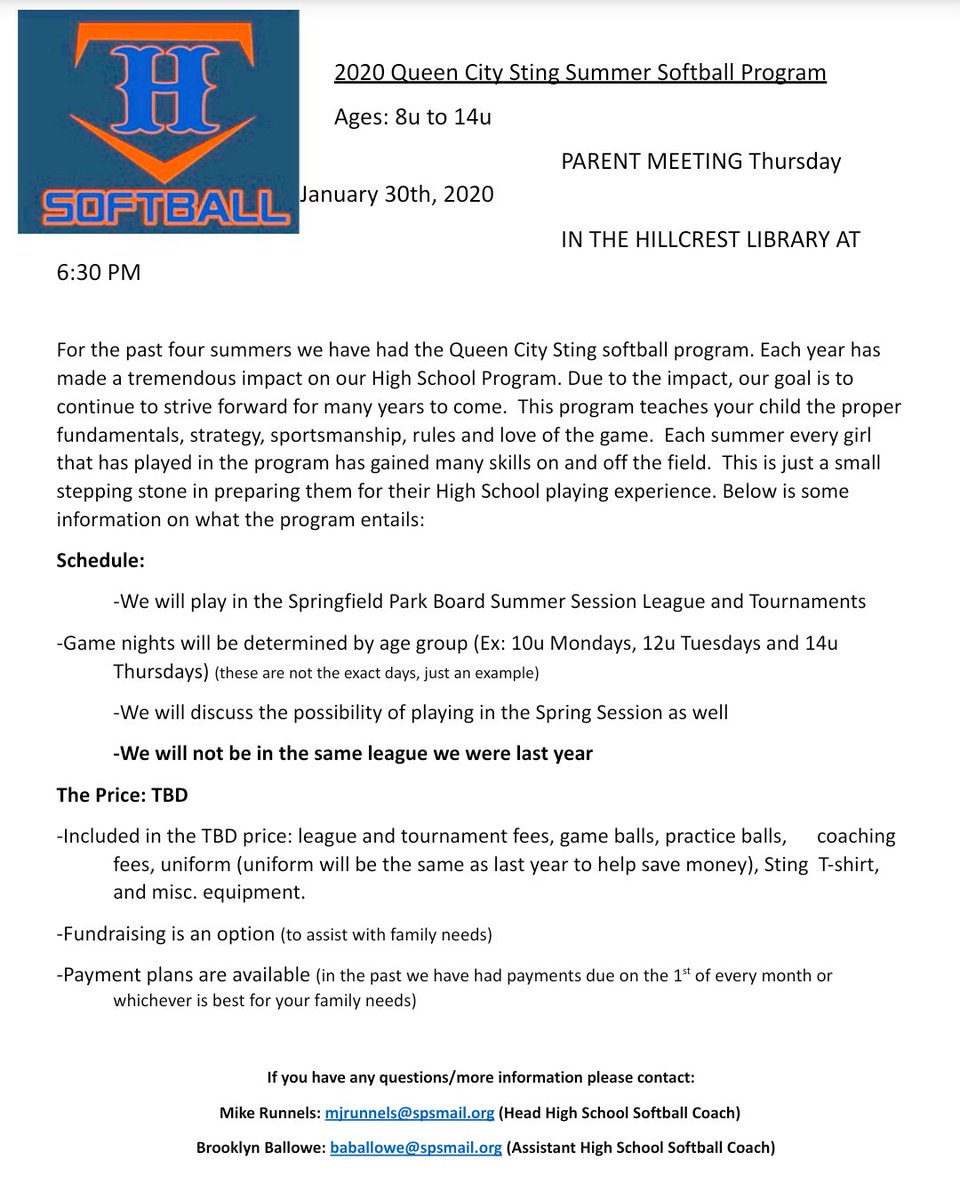 .<a href="/HHSSoftball417/">Hillcrest Softball</a> Girls Youth Softball information below. Parent meeting with <a href="/CoachRunnels/">Michael Runnels</a> on Thursday @LearnOnTheHill! See @richdameron in room 17 for a flyer.