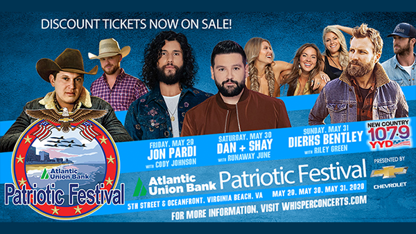 .<a href="/PatrioticFest/">Patriotic Festival</a> returns to Virginia Beach May 29, 30 &amp; 31 with 3 days of concerts &amp; <a href="/1079YYD/">New Country 107.9 YYD</a> has your tickets! Listen to Scott Stevens every day this week at 4:30p to call in for a chance to win a pair of 3-day passes to all shows! Or register to win: ihe.art/su336CX