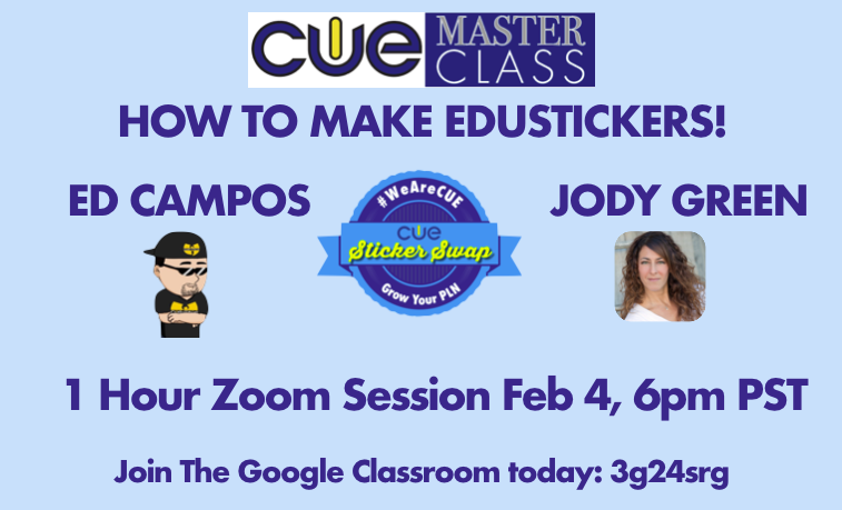 joincalie's tweet photo. Learn to make your own #edu stickers!! Join @edcampOSjr and @peerlessgreen next Tues night to get ready for #CUEStickerswap at #SpringCUE this year! Free one hour #CUEMasterClass! #WeAreCUE https://t.co/7d29WnLdjA