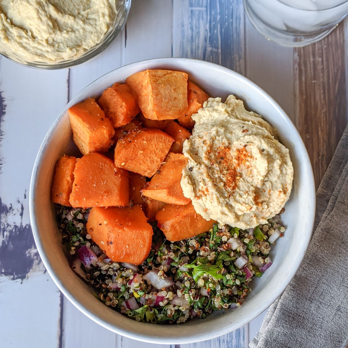 texanvegan's tweet photo. This Mediterranean Buddha Bowl comes from @FitFoodieFinds! I removed the oil, cooked my 🍠 w/ veggie broth &amp; spices. I made the hummus with no oil, instead using a little extra tahini, lemon, &amp; a small amount of water as needed. https://t.co/hbginvTXgb 

#veganuary #veganuary2020 https://t.co/gbVfiXze83