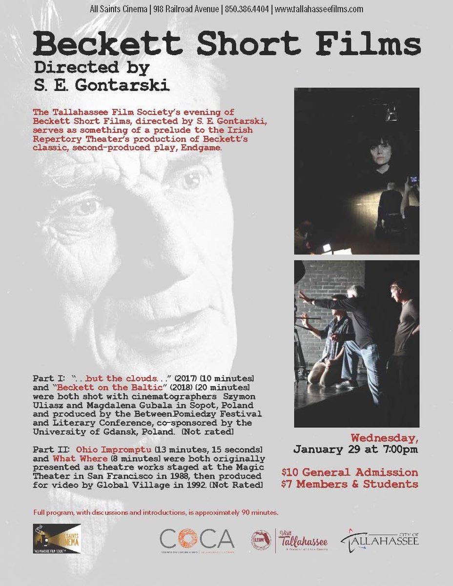 This Wednesday (Jan. 29) night our partners at Tallahassee Film Society will be hosting an evening of Beckett Short Films, directed by <a href="/sgontarski/">Sarah Gontarski</a>. To purchase tickets:  
tallahasseefilms.com/film/beckett-s…