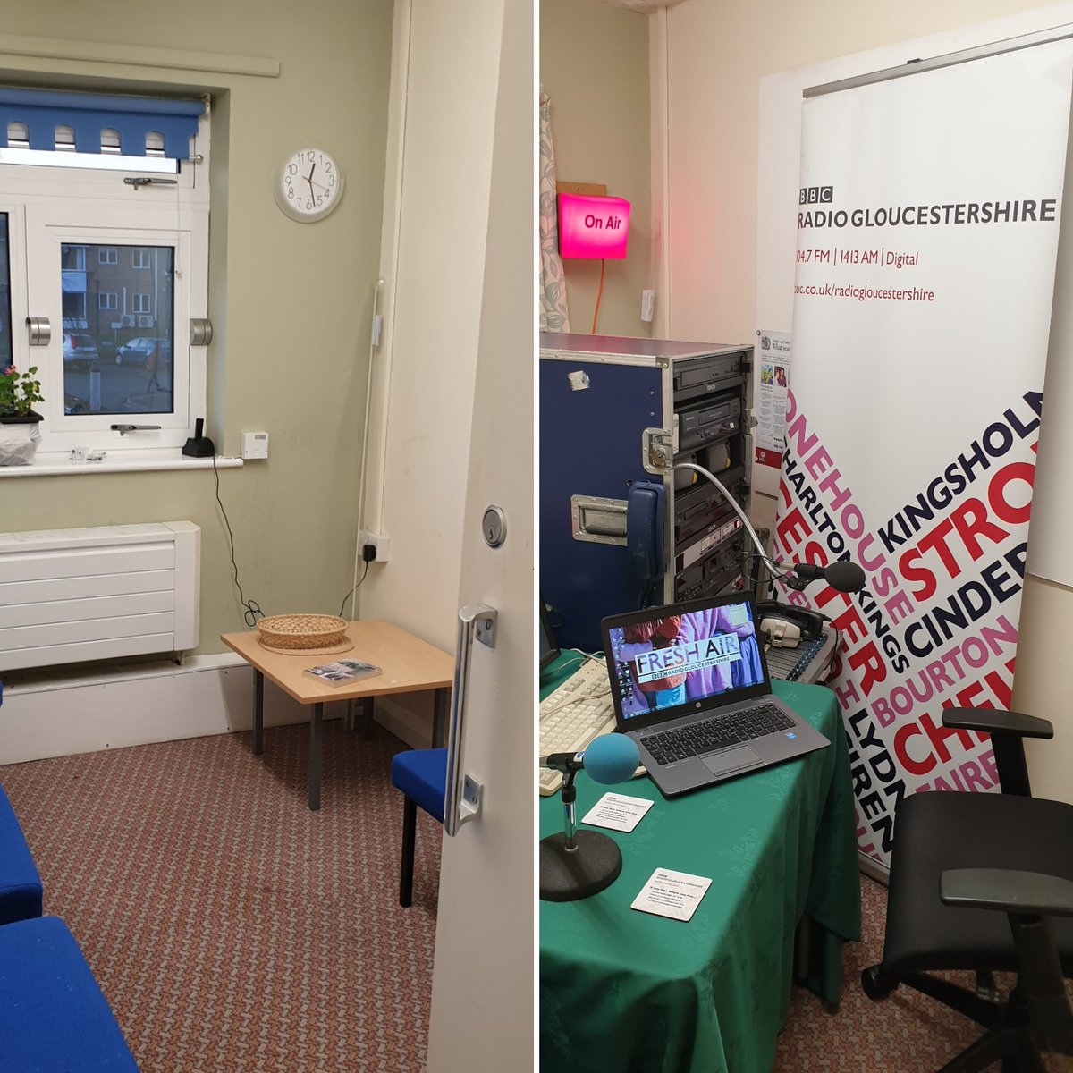 BBCGlos's tweet photo. Before/After. We've borrowed the staff room (thanks guys!) at @GL11Hub and created a pop-up radio studio. For the next two weeks, we'll be making good use of it as we do a deep dive into community life around #Cam and #Dursley 📻👥🎙️📻 https://t.co/GCFuOQUChv