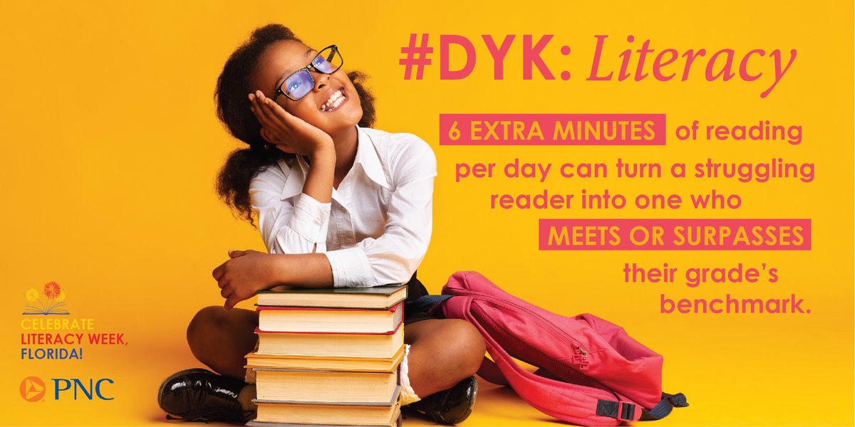 #DYK: Literacy- A study of K-12 student reading habits demonstrated that six extra minutes of reading per day can turn a struggling reader into one who meets or surpasses their grade’s benchmark. 

<a href="/PNCBank/">PNC Bank</a> #FLCelebratesLiteracy #FLEdu