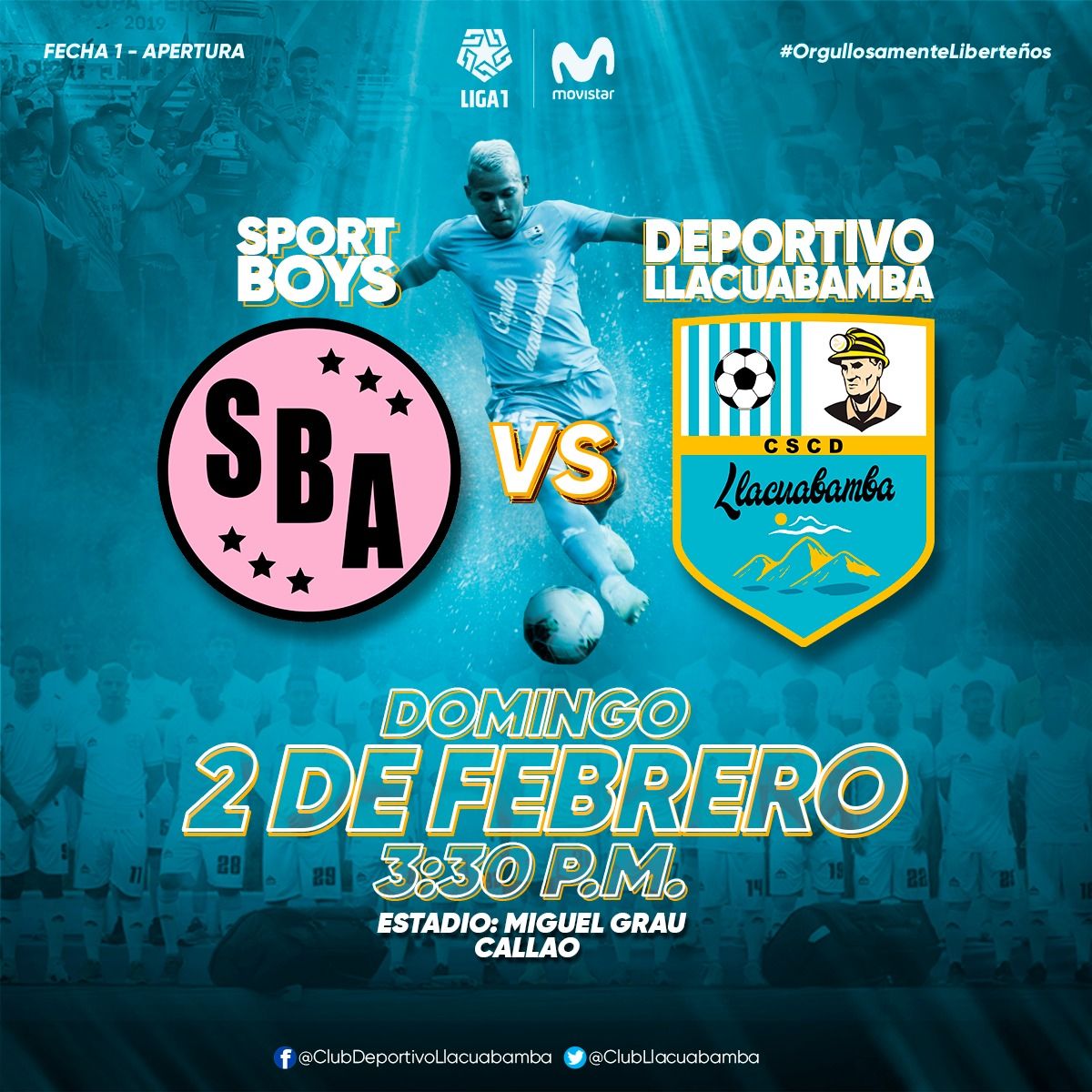 clubllacuabamba's tweet photo. ¡Estamos a una semana de iniciar la #Liga1Movistar!💪

👉Domingo 02/02 - 3:30 pm: Visitamos a Sport Boys en el Miguel Grau del Callao

¡ Arriba Llacuabamba !

#FuerzaLlacuabamba 💪
#OrgullosamenteLiberteños 🔵 https://t.co/16LB4Y9gFp