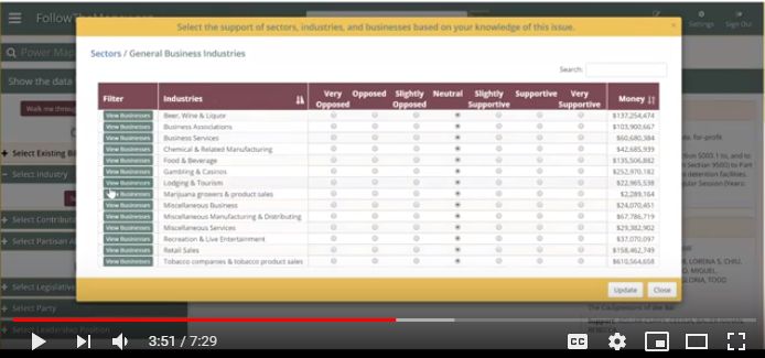 FollowTheMoney screenshot of industry options