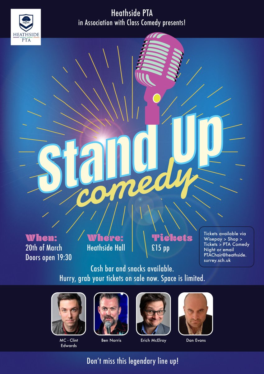 Join us for an evening of side-splitting laughter &amp; hysterics on Fri 20 March🤣An outstanding line up of comedy talent to kick off the weekend along with a cash bar (incl gin)🍹&amp; amazing raffle! Tickets via PTAChair@heathside.surrey.sch.uk or Wisepay>Shop>Tickets>PTA Comedy Night