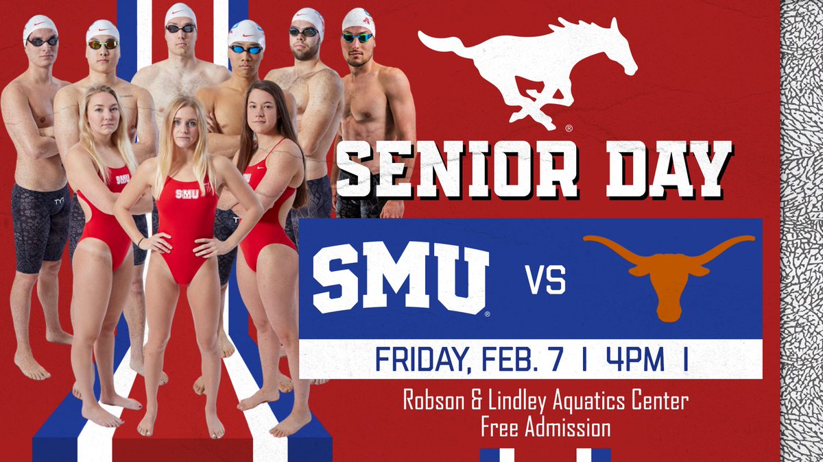SMUMustangs's tweet photo. Mark your 📅 because it’s Senior Day for @SMUSwimmingW and @SMUSwimmingM on Friday, Feb. 7th!  Make sure to come out and support your fellow Mustangs at 4 PM as they take on Texas! #PonyUp
🏊M ℹ️ https://t.co/YODOewWN8V
🏊W ℹ️ https://t.co/LNFAocraST https://t.co/vsFKJVITQ1