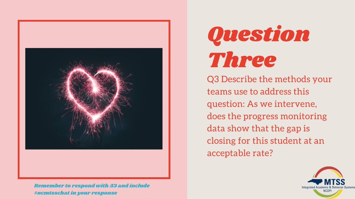 #ncmtsschat 
Q3 Describe the METHODS your teams use to address this question-

As we intervene, does the progress monitoring data show that the gap is closing for this student at an acceptable rate?