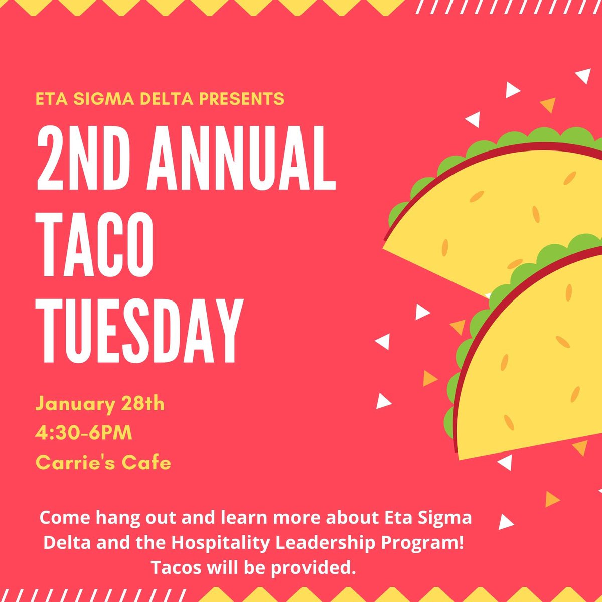MSUHospitality's tweet photo. Join ESD for Taco Tuesday tomorrow in Pummil Hall from 4:30-6pm in Carries Café! 

Learn about Hospitality &amp; ESD. Delicious tacos will be provided! https://t.co/ab3HMoLH5n
