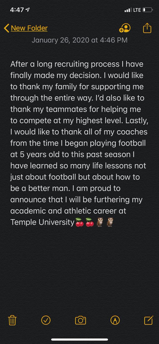 After a long  process I want to thank all of the coaches who recruited me. After talking with my family and a lot of 🙏🏽 I have decided that TEMPLE UNIVERSITY is the best place for me to continue my academic and athletic journey. That being said
I AM COMMITTED! 🔴⚪️🍒 #TEMPLETUFF