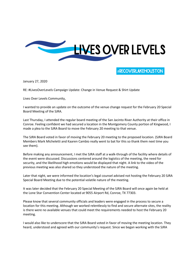LakeHoustonEDP's tweet photo. #LivesOverLevels Campaign Update: Change in Venue Request &amp; Shirt Update https://t.co/ON8nF9t8I9