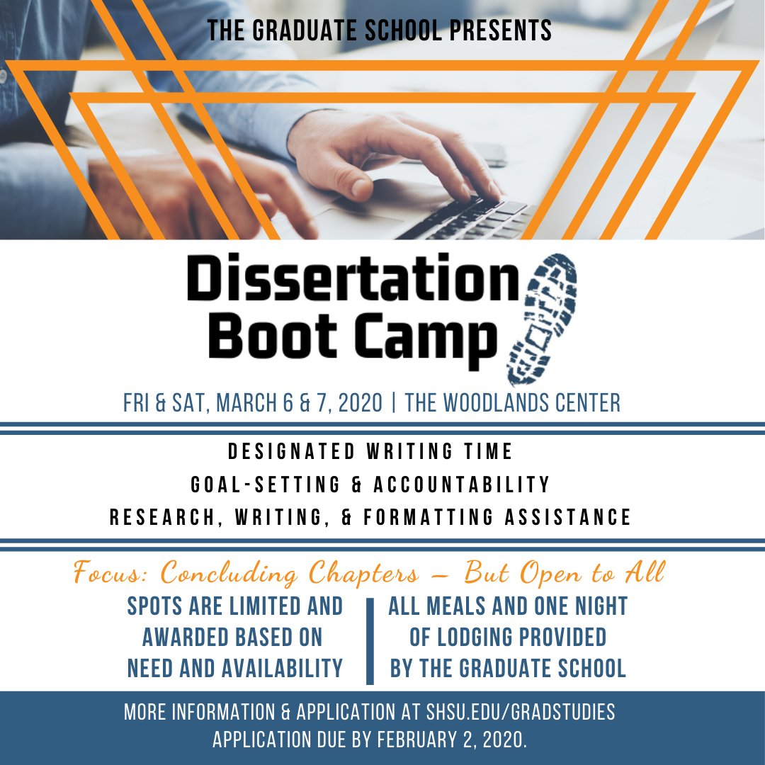 tgps_shsu's tweet photo. Spring Dissertation Boot Camp application deadline is February 2nd! Don't delay, apply today!

#TheGradauteSchool #DissertationBootCamp #Dissertation #Writing #SHSU https://t.co/gDY3LvN1SG