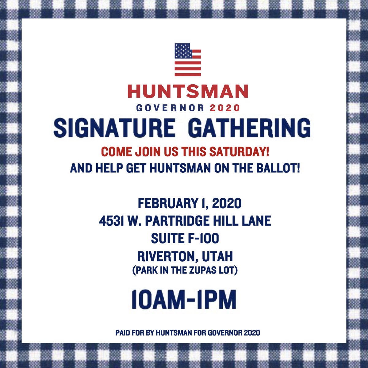 HuntsmanGov2020's tweet photo. CALLING ALL VOLUNTEERS! Join us this Saturday, February 1st for a signature gathering to work towards getting @JonHuntsman on the ballot! #huntsmangov2020 https://t.co/157ynzkU0r