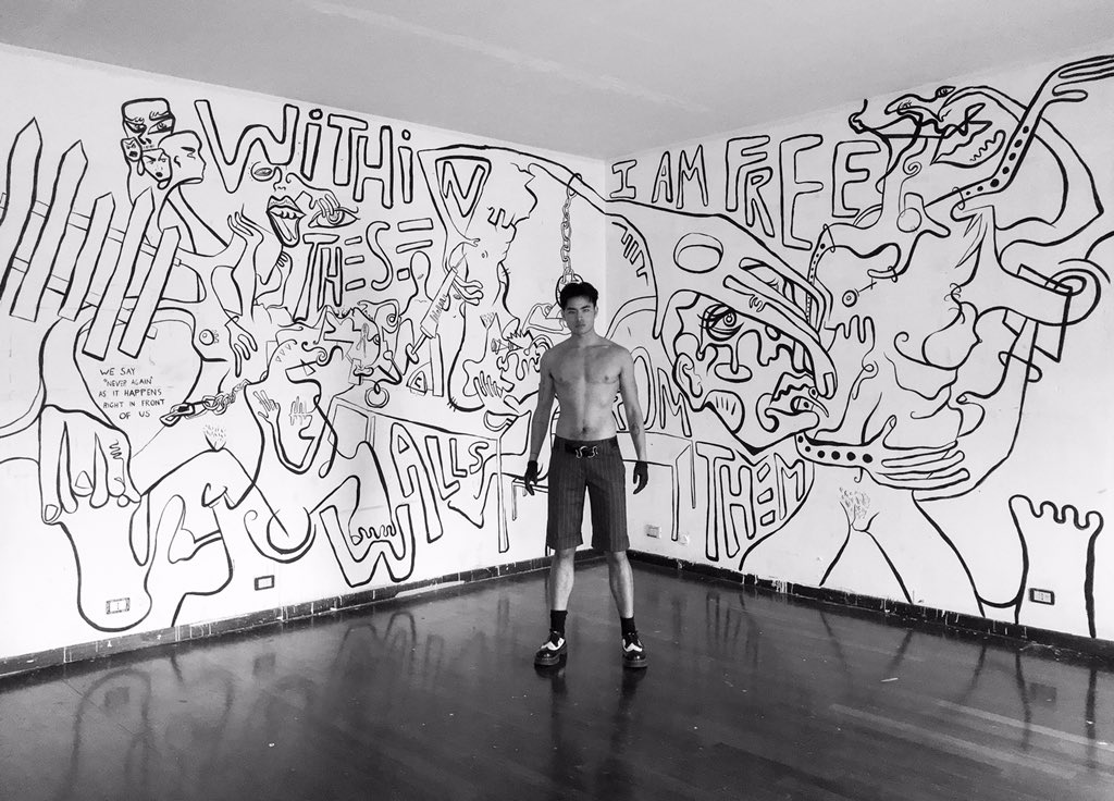 Chella with his mural + detail shots all in black and white