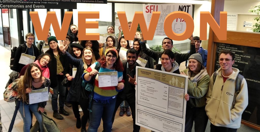 Image description: Picture of TSSU members at an MSP protest holding up signs. Orange text overtop that reads "WE WON"