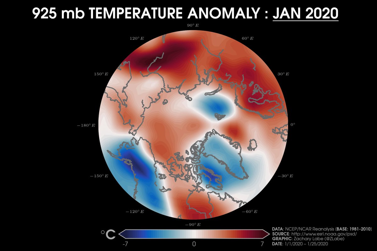 Polar stereographic map of 925 hPa air temperature anomalies for January 2020 over the Arctic