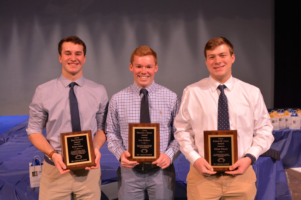 mtlebofootball's tweet photo. Congrats to the following seniors recognized last night: 

Ethan Taback @ethan_taback
(Robert Conn - Unsung Hero Award) 

Sam Rolfsen @SamRolfsen 
(Vince Russo - Heart of Lion Award) 

Evan Jones @Evanjones04 
(Dan Howard - Mr. Football Award) 

#LeboPride @MtLebanonSports https://t.co/MV2LbcynGR