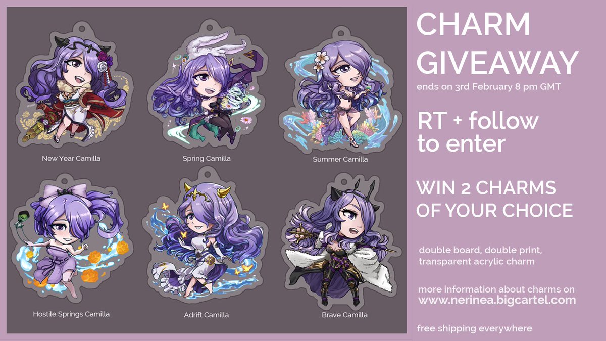 nerineaArt's tweet photo. ✨✨✨CHARM GIVEAWAY!✨✨✨
RT + FOLLOW to enter.
One winner. Two charms to pick. Free shipping anywhere!
Ends on 3rd February at 8pm GMT.
Find charms and more info on them at https://t.co/kNnnNjnkhV
#giveaway #fireemblemmerch #FEmerch #FireEmblem https://t.co/zhC5HpWcmX
