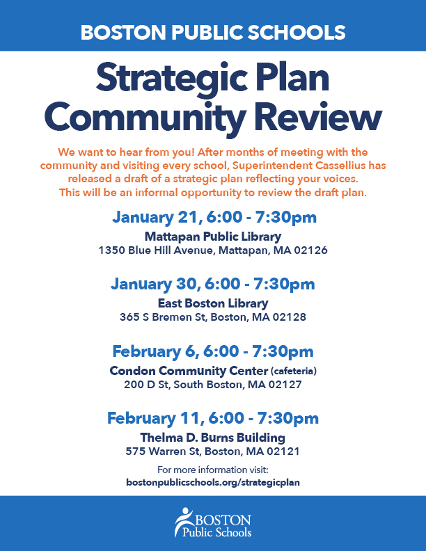 BostonPublicSchools (@bostonschools) on Twitter photo Our next Strategic Plan Community Review session is this Thursday, 1/30, ! The strategic plan outlines concrete commitments to build upon <a href="/BostonSchools/">BostonPublicSchools</a>' progress to improve student outcomes, close opportunity gaps and increase instructional quality. More: bostonpublicschools.org/strategicplan Our next Strategic Plan Community Review session is this Thursday, 1/30, ! The strategic plan outlines concrete commitments to build upon <a href="/BostonSchools/">BostonPublicSchools</a>' progress to improve student outcomes, close opportunity gaps and increase instructional quality. More: bostonpublicschools.org/strategicplan