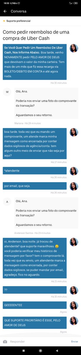#uberlixo Um mês sem solução de reembolso na minha Wallet. Trocam de atendente a cada 5 minutos. Deixam vc plantada esperando. <a href="/Uber_Brasil/">Uber Brasil</a> <a href="/Uber_Support/">Uber Support</a> <a href="/ProconRJ/">Procon-RJ</a> <a href="/ProconCarioca/">Procon Carioca</a> vamos ver isso aí hein!!!!
