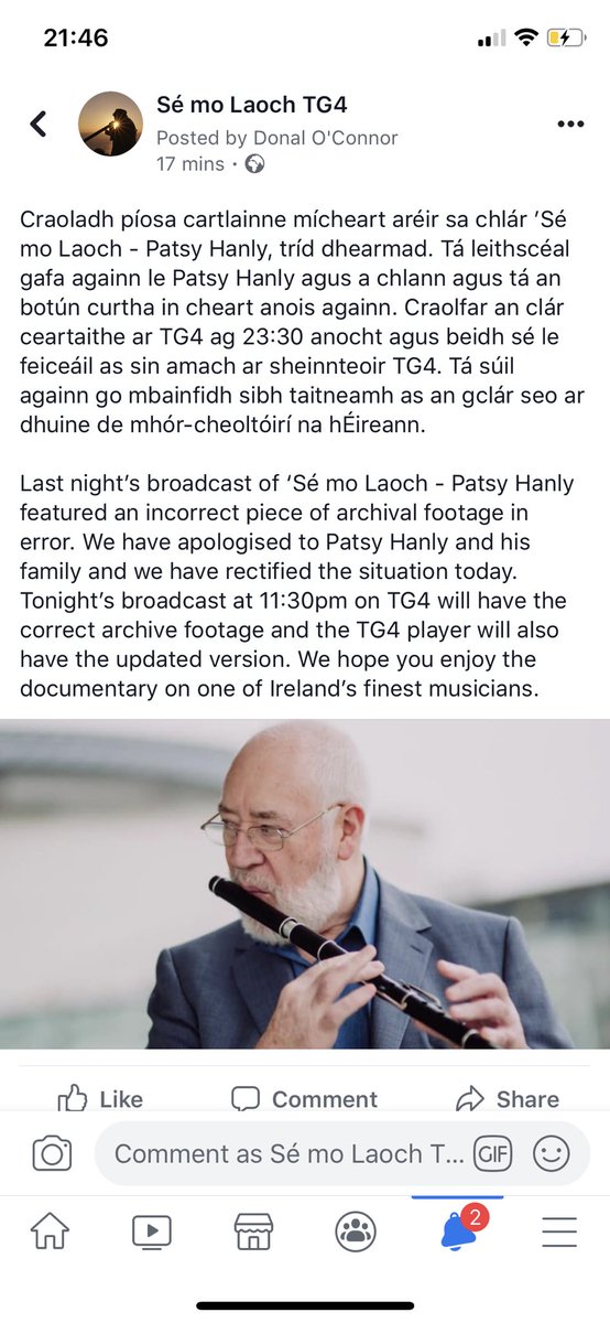 ‘Sé Mo Laoch - Patsy Hanly 

Ceartaithe agus le craoladh anocht ar 11:30pm ar <a href="/TG4TV/">TG4</a>  

Corrected and will be on <a href="/TG4TV/">TG4</a> tonight at 11:30pm and available on the TG4 player after