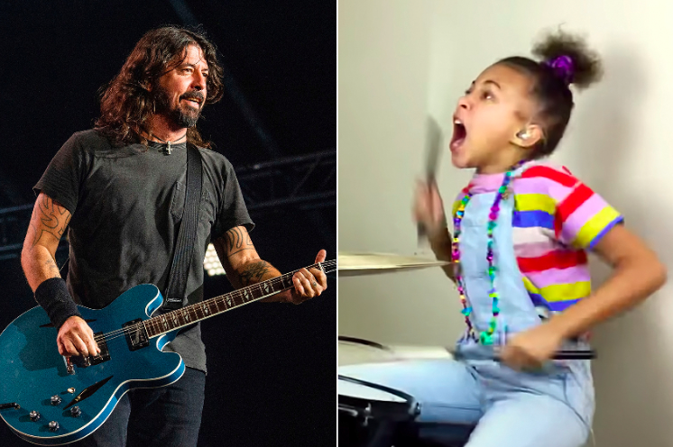 RollingStone's tweet image. Watch 9-year-old Nandi Bushell nail Dave Grohl's drum parts on Queens of the Stone Age's "No One Knows" rol.st/2U0pNM5