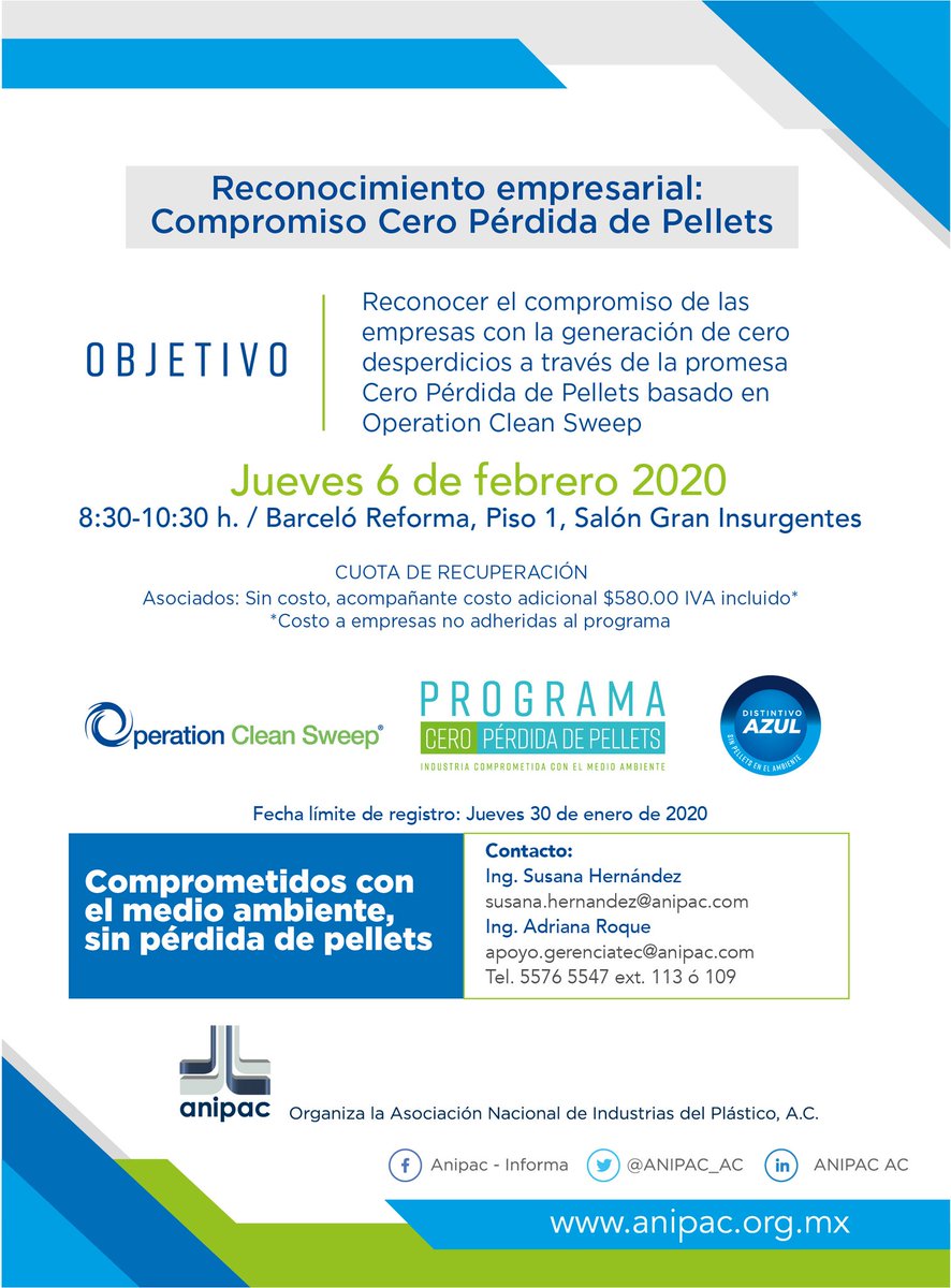 ANIPAC_AC's tweet image. ¡Falta poco para reconocer a las empresas comprometidas con la generación de cero desperdicios a través de la promesa #CeroPérdidadePellets, basado en #ProgramaOCS! Este evento es gratuito para asociados #ANIPAC, ¡te esperamos!