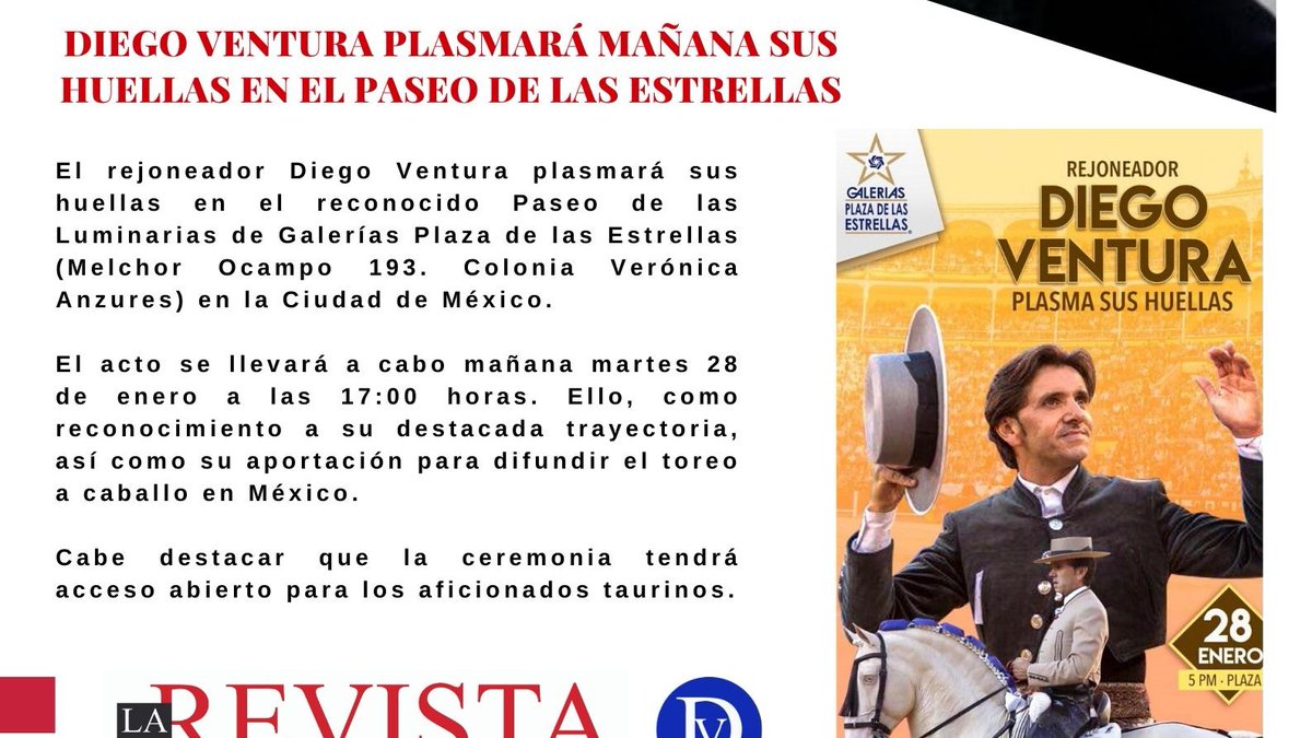 Diego Ventura plasmará mañana sus huellas en el paseo de las estrellas. #Toros <a href="/InfoDVentura/">Info Diego Ventura</a> <a href="/DiegoVentura82/">Diego Ventura</a> <a href="/LaRevistaP/">LaRevista</a>  
larevista.com.mx/toros/diego-ve…
