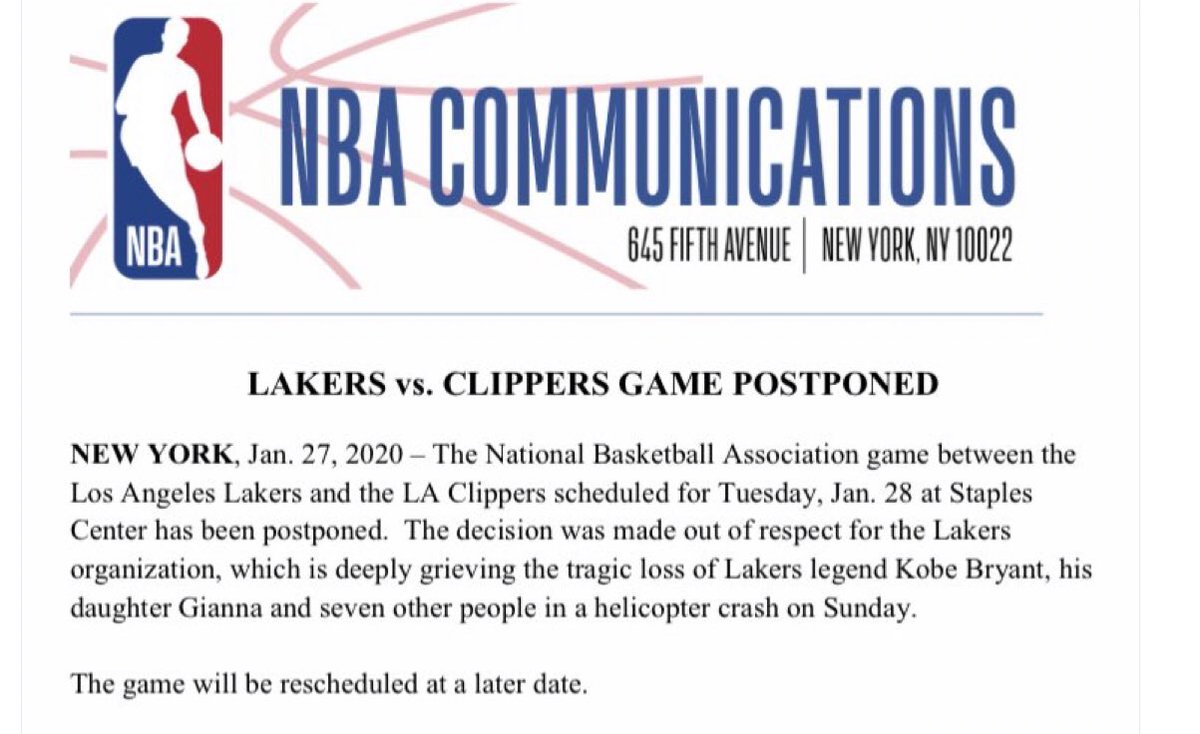 TheSteinLine's tweet photo. Here is the official league statement on postponing Tuesday night’s Lakers vs. Clippers game in the wake of Kobe Bryant’s death ... https://t.co/kGz6iOrcxW