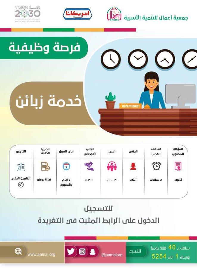 الراتب الاجمالى 5200 ريال تعلن ‏‎#جمعية_اعمال بالرياض عن فرصة وظيفية للنساء فى #امريكانا - خدمة زبائن * المؤهل ثانوى * العمر من 20 - 40 * اجازة يومان بالاسبوع * تأمين طبى رابط التسجيل : https://docs.google.com/forms/d/e/1FAIpQLSfyjTu3SmTHp5BrCIRbgohyeQLWkmwo5-e9R7tsS3dIRecN_A/viewform #وظائف_نسائيه #وظائف_شاغرة #وظائف