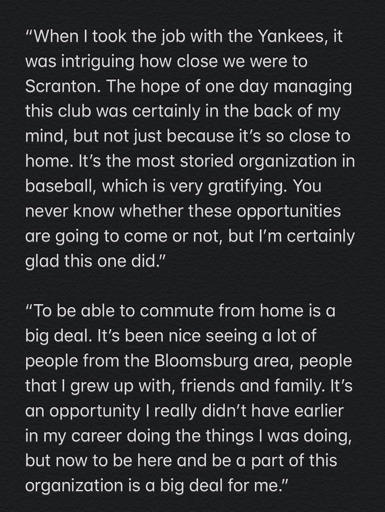 marcmalkoskie's tweet photo. During my interview this afternoon with new RailRiders manager Doug Davis, he had the following to say about getting the opportunity to manage again while also staying within an hour of his hometown of Bloomsburg, where he still resides. https://t.co/e0YI7NVFua