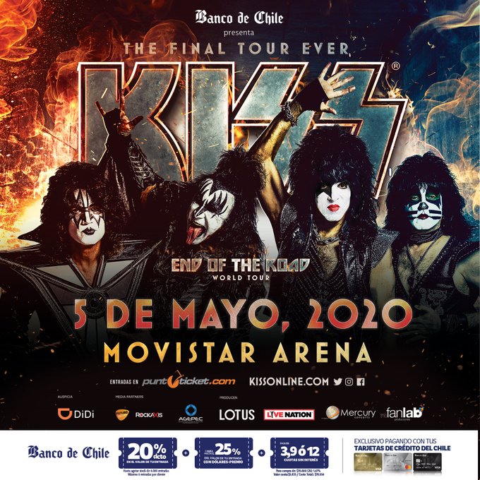 TuMedio's tweet photo. Kiss (@kiss) la legendaria banda conformada por Paul Stanley, Gene Simmons, Eric Singer y Tommy Thayer llegará con su espectacular último show en nuestro país el 5 de mayo en Movistar Arena.

No te pierdas el espectáculo en Chile, más detalles --> https://t.co/DcGqvIQ6Bx https://t.co/U5C6uTvayr