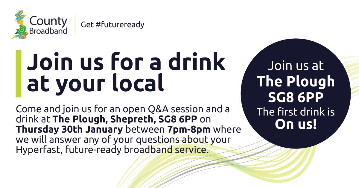 ploughshepreth's tweet photo. Chat to Rob and Natalie from @CountyBroadband at The Plough Shepreth thisThursday evening from 7pm to 8pm. #hyperfastbroadband #broadband #fibre https://t.co/Vry2EuCmkE
