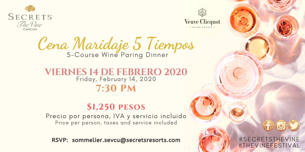 Comparta con ese alguien especial una romántica velada en nuestra cena maridaje de 5 tiempos con los exquisitos champagne de @VeuveClicquot este día de #SanValentín. Reserve en sommelier.sevcu@secretsresorts.com