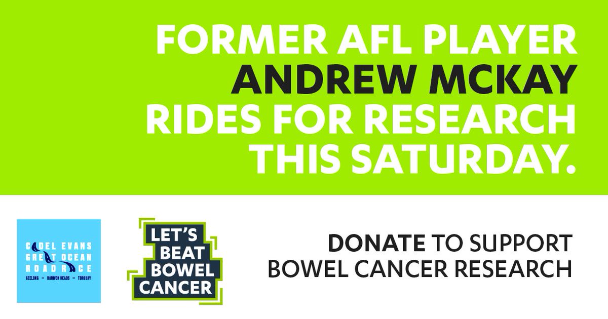 Former AFL star Andrew McKay is part of the Lets Beat Bowel Cancer Ride for Research cycling team, taking part in the Cadel Road Race on Saturday. To read Andrew’s story and show your support, go to bit.ly/36tqobX #letsbeatbowelcancer #bowelcancerresearch #cadelroadrace
