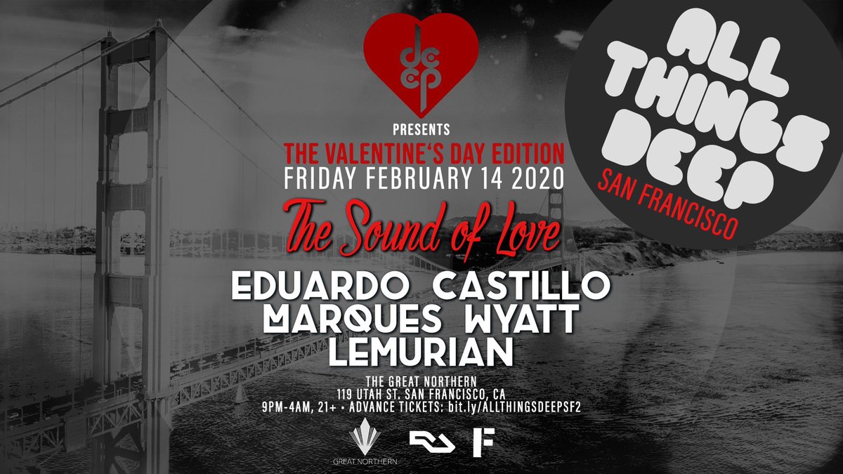DEEP Los Angeles (@deeplosangeles) on Twitter photo SAN FRANCISCO!!! Join us for All Things DEEP THIS VALENTINEāS DAY! FRIDAY FEBRUARY 14 ā> <a href="/deeplosangeles/">DEEP Los Angeles</a> presents The Sound of Love featuring EDUARDO CASTILLO, DEEPāS own <a href="/marqueswyatt/">Marques Wyatt</a> & LEMURIAN at The Great Northern SF! 9pm-4am // 21+! bit.ly/ALLTHINGSDEEPS⦠SAN FRANCISCO!!! Join us for All Things DEEP THIS VALENTINEāS DAY! FRIDAY FEBRUARY 14 ā> <a href="/deeplosangeles/">DEEP Los Angeles</a> presents The Sound of Love featuring EDUARDO CASTILLO, DEEPāS own <a href="/marqueswyatt/">Marques Wyatt</a> & LEMURIAN at The Great Northern SF! 9pm-4am // 21+! bit.ly/ALLTHINGSDEEPSā¦