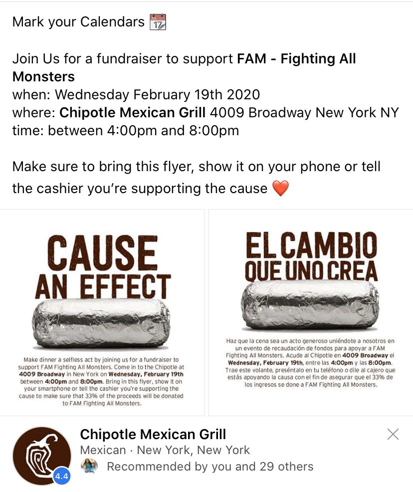 iammrssnow's tweet photo. Join us for a fundraiser to support @joinourfam
wed Feb 19th 2020
@chipotle on 4009 Broadway New York NY
between 4:00pm and 8:00pm
make sure you show this flyer on your phone or tell the cashier youβre supporting the cause π
#joinourfam #chipotlecolumbiapresbyterian https://t.co/H5Aj2n4kOn