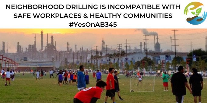 A photo of a youth soccer field. In the backdrop are industrial smoke pipes. Above the photo says neighborhood drilling is incompatible with safe workplaces and healthy communities. Hashtag yes on A B 3 4 5