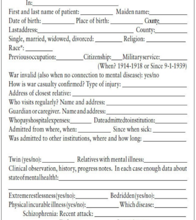 The black and white photograph shows a translation of a questionnaire with text requesting social, demographic, economic and health information.